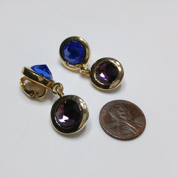 Swarovski Gold Plated Drop Earrings, Blue Green Purple Crystals, 1990s Swan Logo - Picture 9 of 10